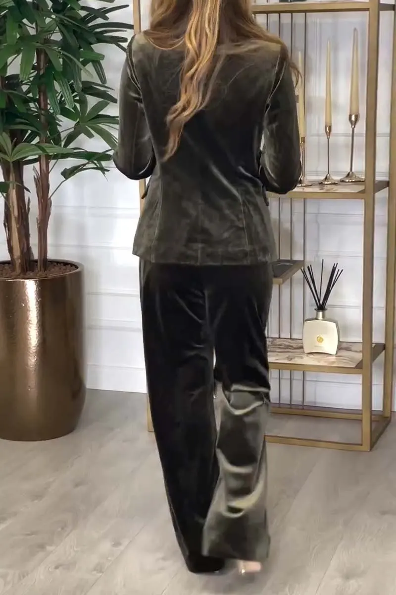 Casual Trousers Suit Velvet Solid Color Autumn Winter Commuter Style Long-sleeved Double-breasted Lapel Top Trousers 2-piece Set - Image 2