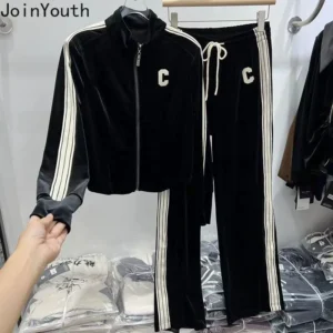 2 Piece Sets Womens Outfits Roupas Femme Zipper Long Sleeve Crop Jackets Straight High Waist Wide Leg Pants Suit Casual Y2k Set