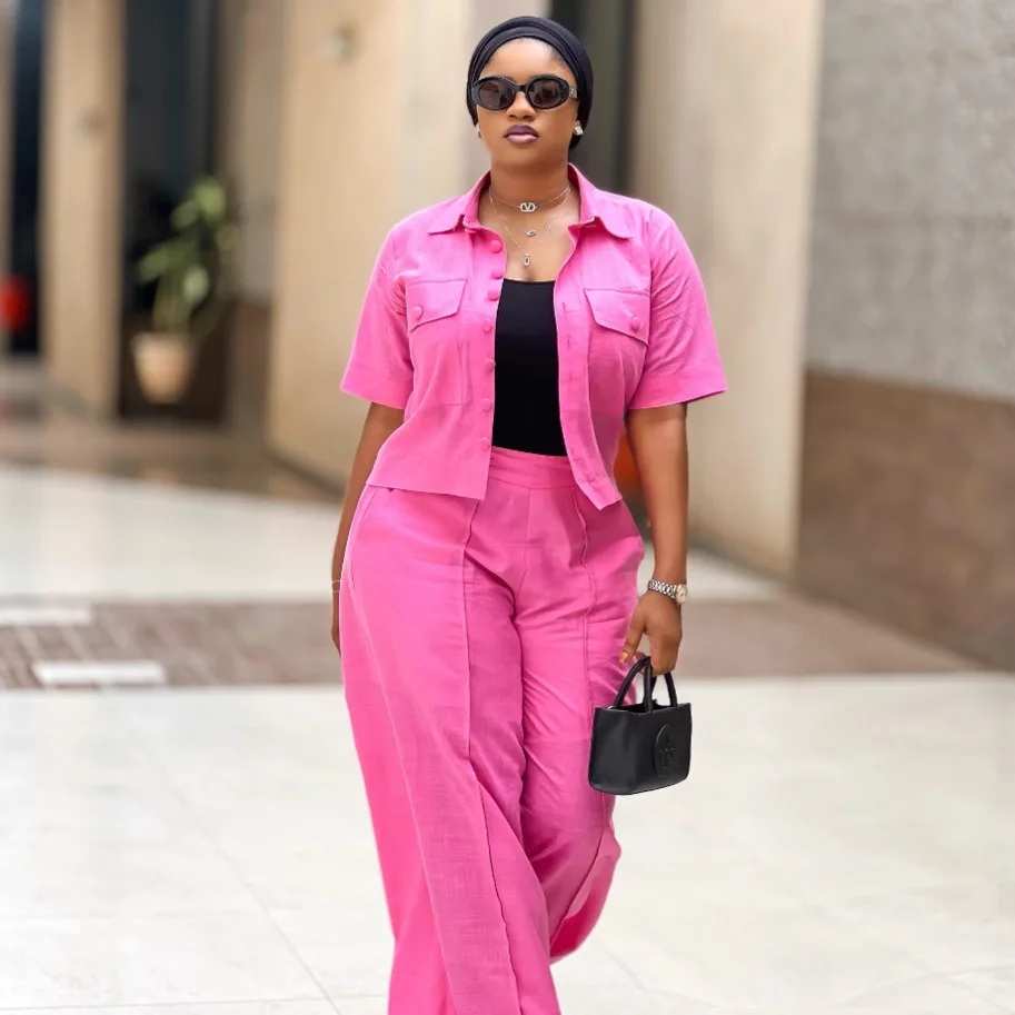 Two Pieces Women Pant Sets Solid Matching Sets Pocket Button Short Sleeve - Image 2