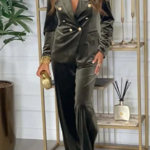 Casual Trousers Suit Velvet Solid Color Autumn Winter Commuter Style Long-sleeved Double-breasted Lapel Top Trousers 2-piece Set