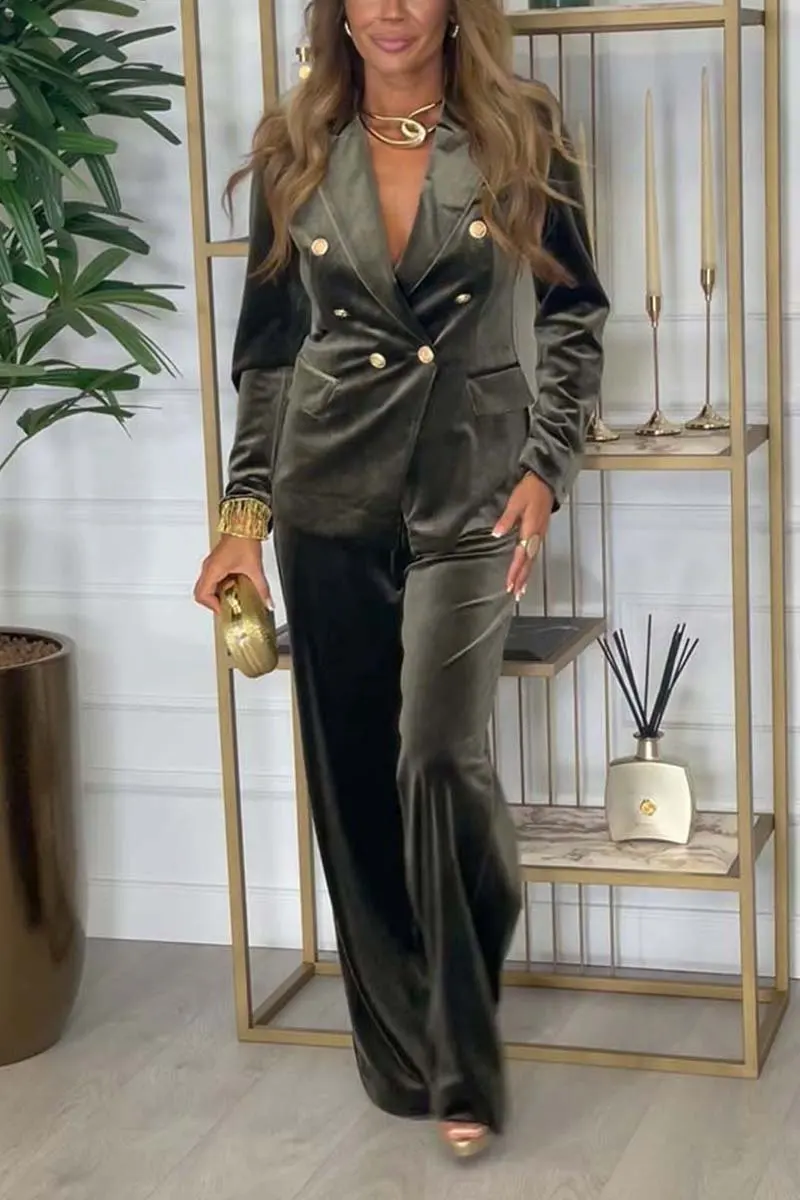 Casual Trousers Suit Velvet Solid Color Autumn Winter Commuter Style Long-sleeved Double-breasted Lapel Top Trousers 2-piece Set