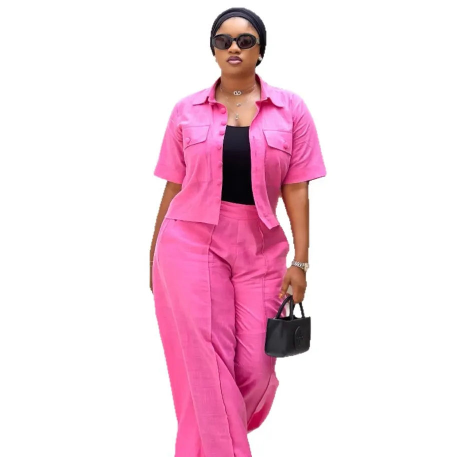 Two Pieces Women Pant Sets Solid Matching Sets Pocket Button Short Sleeve - Image 5