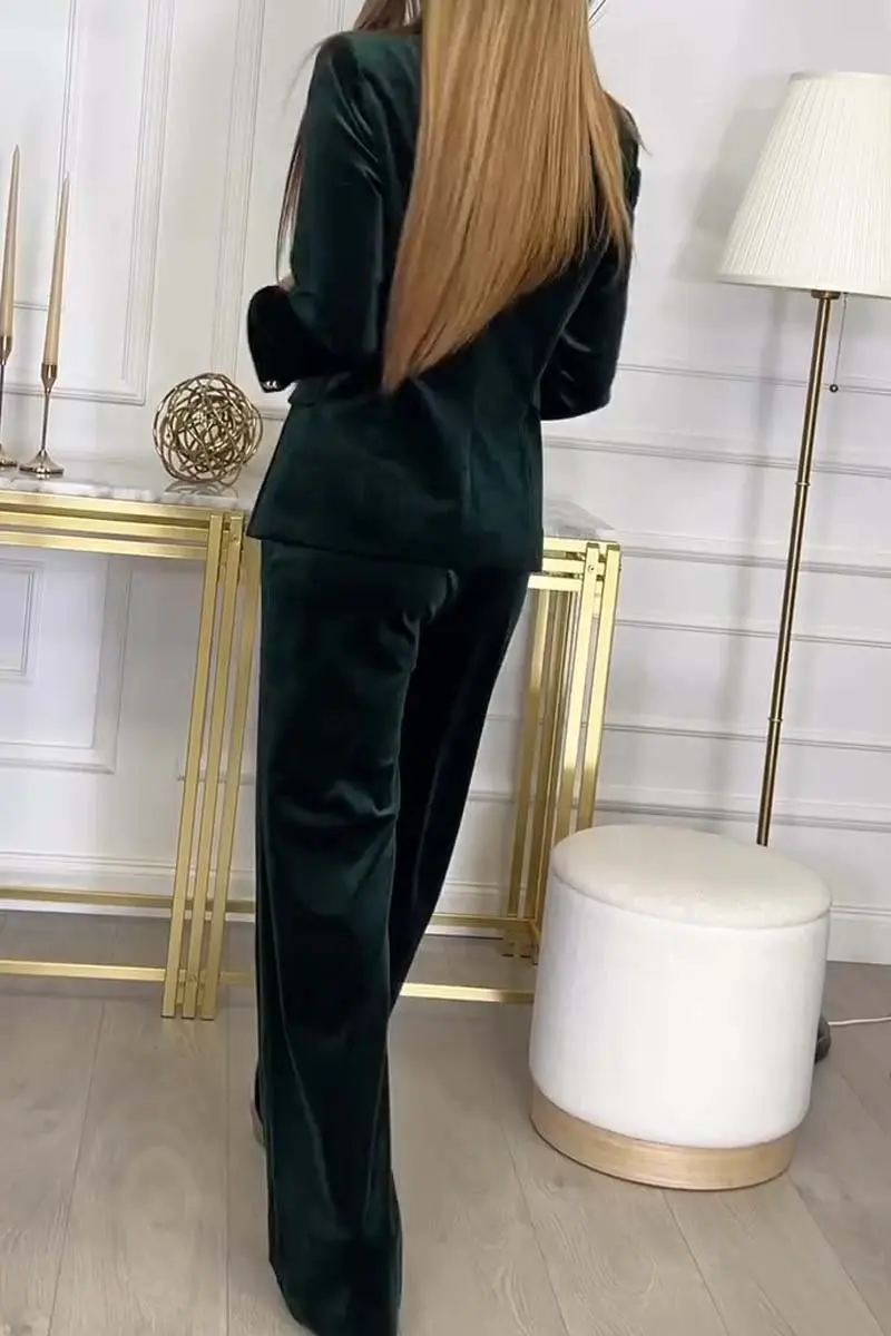 Casual Trousers Suit Velvet Solid Color Autumn Winter Commuter Style Long-sleeved Double-breasted Lapel Top Trousers 2-piece Set - Image 6