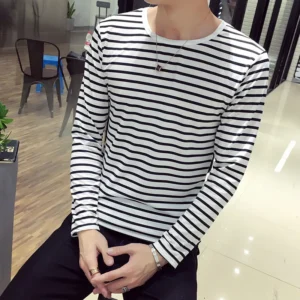 Alternative view of Striped T-shirt Men Long Sleeve Shirt Trendy Black White Striped Tops for Men Harajuku Casual Base Shirt Invisible Undershirt