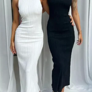 Sexy Women Long Dress Ruched Sleeveless Slim Solid Summer Party