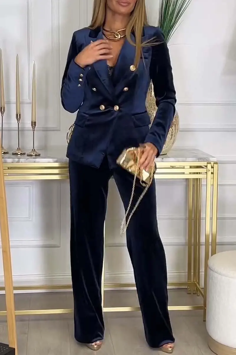 Casual Trousers Suit Velvet Solid Color Autumn Winter Commuter Style Long-sleeved Double-breasted Lapel Top Trousers 2-piece Set - Image 3