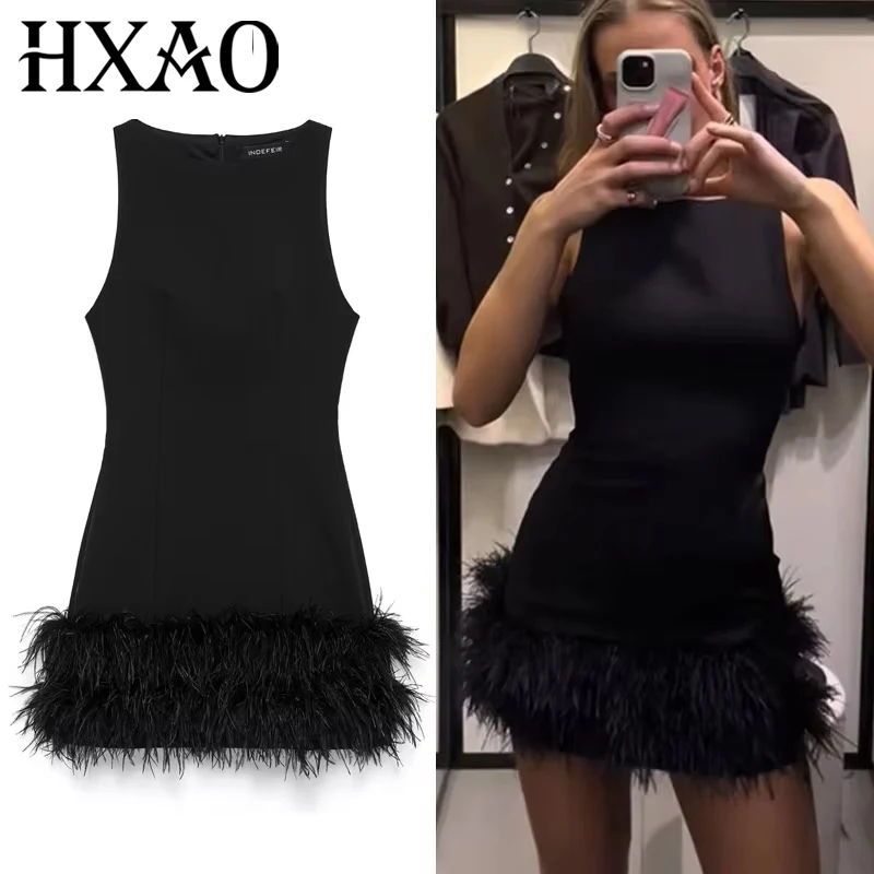 HXAO Womens Dresses Feather Black Dresses Women Sleeveless Short Dresses