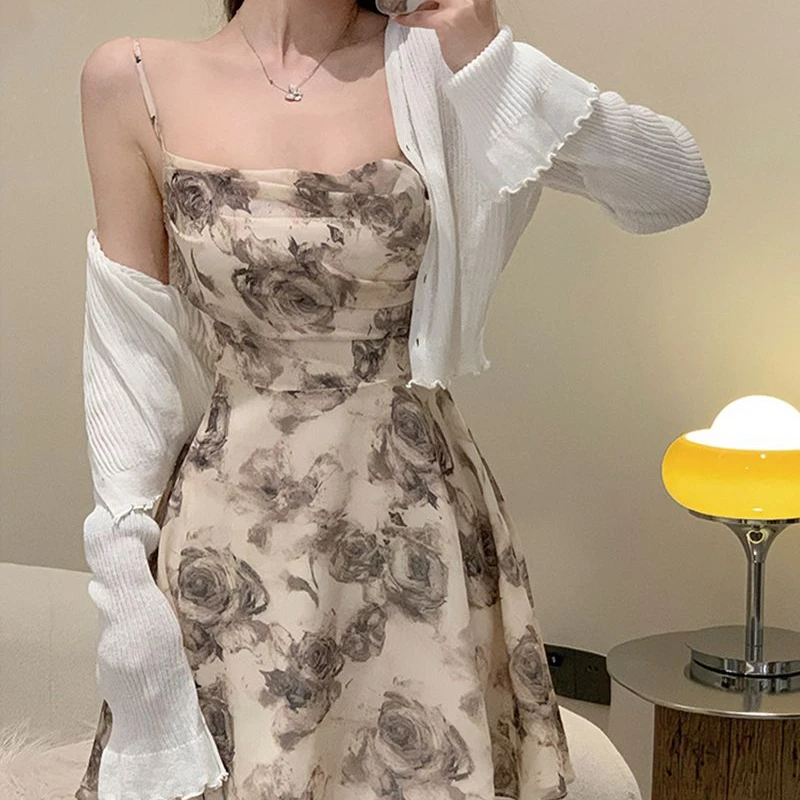 Dresses Women Ink Printed Waist Hollow Out Backless French Temper Chic Sundress All-match Sweet Sexy Girls Streetwear Summer - Image 5