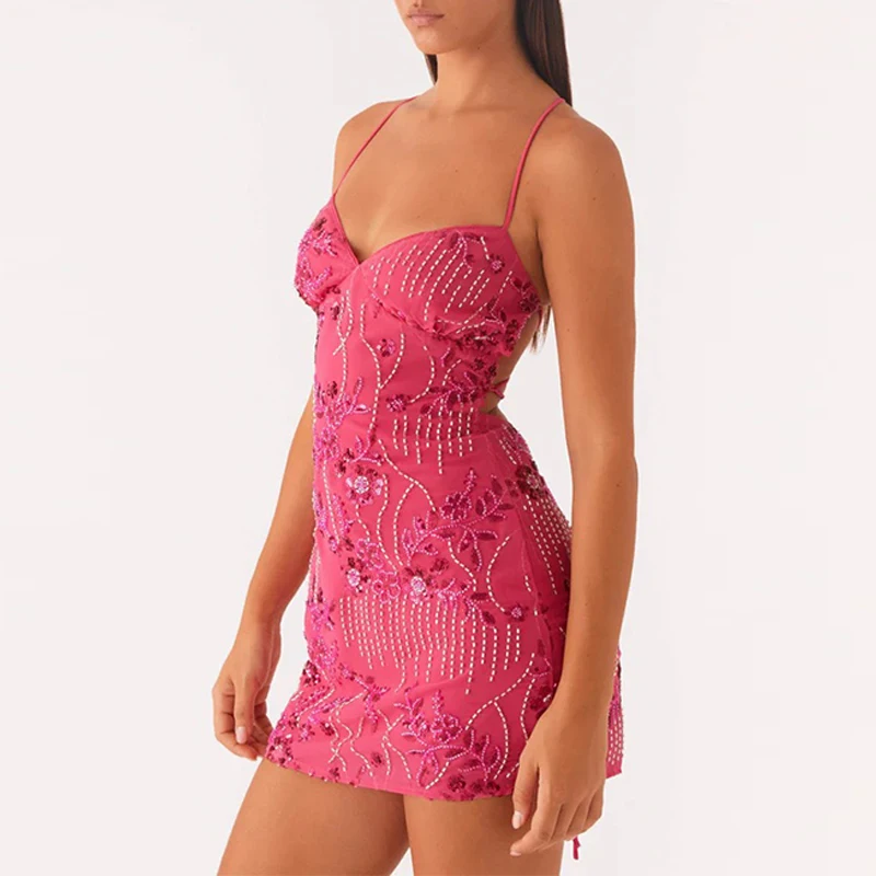 Sexy Beading Sequined Halter Short Dress Women Lace Up Sleeveless Backless Female Beach Dresses 2025 Summer Lady Holiday Robes - Image 12