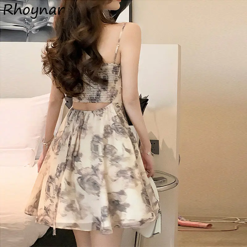 Dresses Women Ink Printed Waist Hollow Out Backless French Temper Chic Sundress All-match Sweet Sexy Girls Streetwear Summer