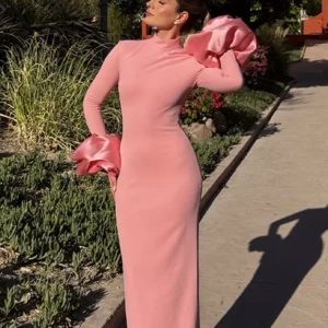 Alternative view of ESleeve Long Dress Women Pink High Collar Full Sleeve Slim Straight Dresses Female 2026 Spring Lady Chic Party Robes