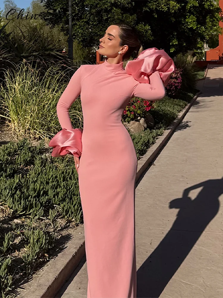 ESleeve Long Dress Women Pink High Collar Full Sleeve Slim Straight Dresses Female 2026 Spring Lady Chic Party Robes - Image 2
