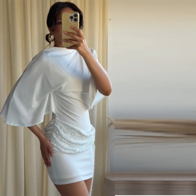 Elegant White Mini Dress Trend Batwing Sleeve Sequin Patchwork Ruched Waist Tie Bodycon Dresses Lady Party Evening Dress Outfit - Image 7