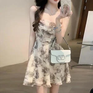 Alternative view of Dresses Women Ink Printed Waist Hollow Out Backless French Temper Chic Sundress All-match Sweet Sexy Girls Streetwear Summer