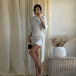 Alternative view of Elegant White Mini Dress Trend Batwing Sleeve Sequin Patchwork Ruched Waist Tie Bodycon Dresses Lady Party Evening Dress Outfit