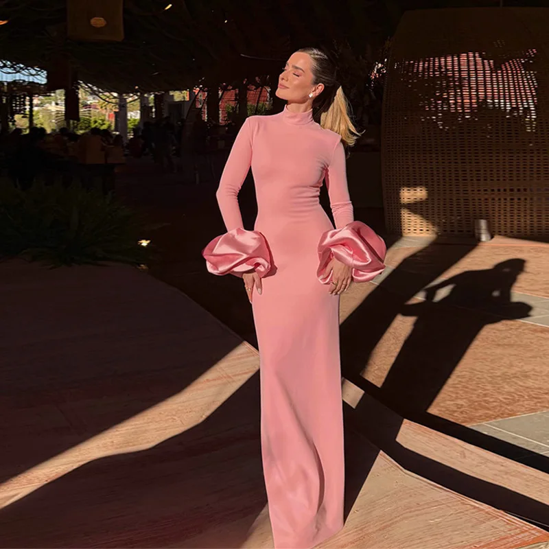 ESleeve Long Dress Women Pink High Collar Full Sleeve Slim Straight Dresses Female 2026 Spring Lady Chic Party Robes - Image 7