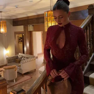 Alternative view of Sexy Lace Hollow Out Women Dress Mandarin Collar Flare Sleeve Split Dresses Female 2026 Spring Autumn New Chic Lady Robe