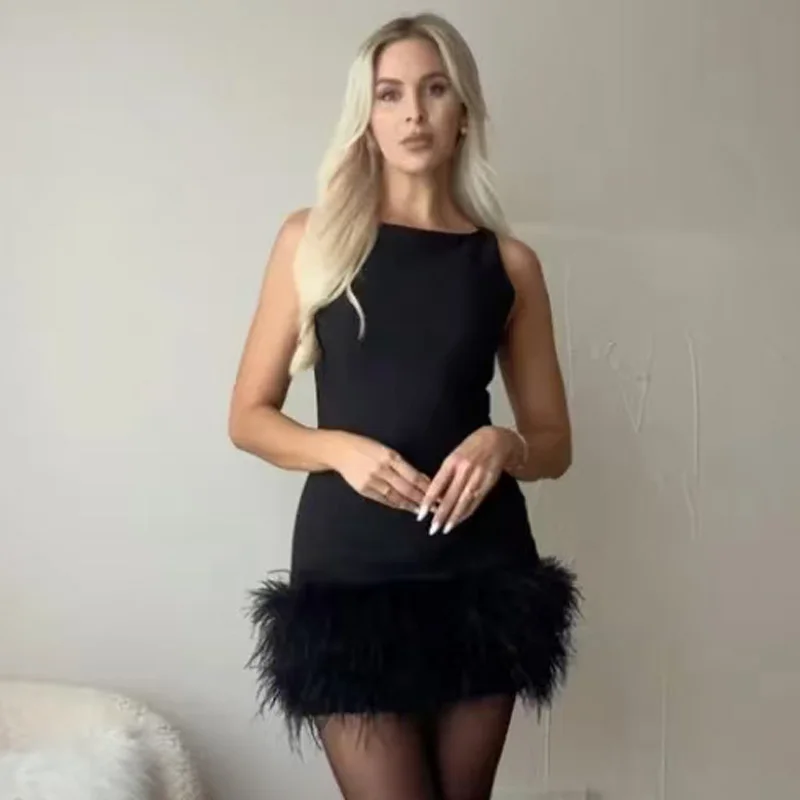 HXAO Womens Dresses Feather Black Dresses Women Sleeveless Short Dresses - Image 4