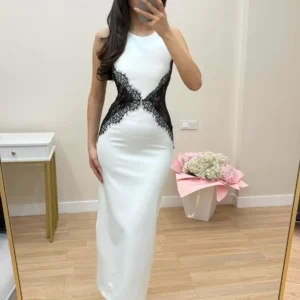 Sexy Contrast Lace Patchwork Halter Dress Women Chic Backless Off Shoulder Slim Maxi Dresses Lady Vacation Party Vestidos New