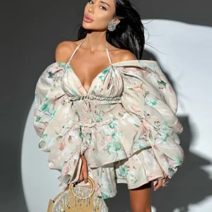 Alternative view of Sexy Backless Print Mini Dress Women Oversize Puff Sleeve V-neck Halter