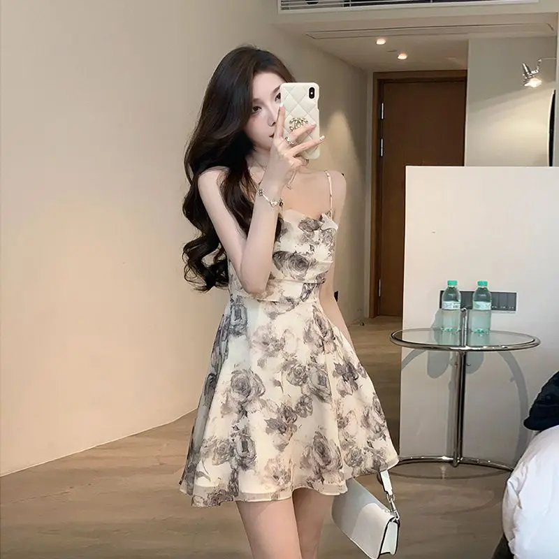 Dresses Women Ink Printed Waist Hollow Out Backless French Temper Chic Sundress All-match Sweet Sexy Girls Streetwear Summer - Image 6
