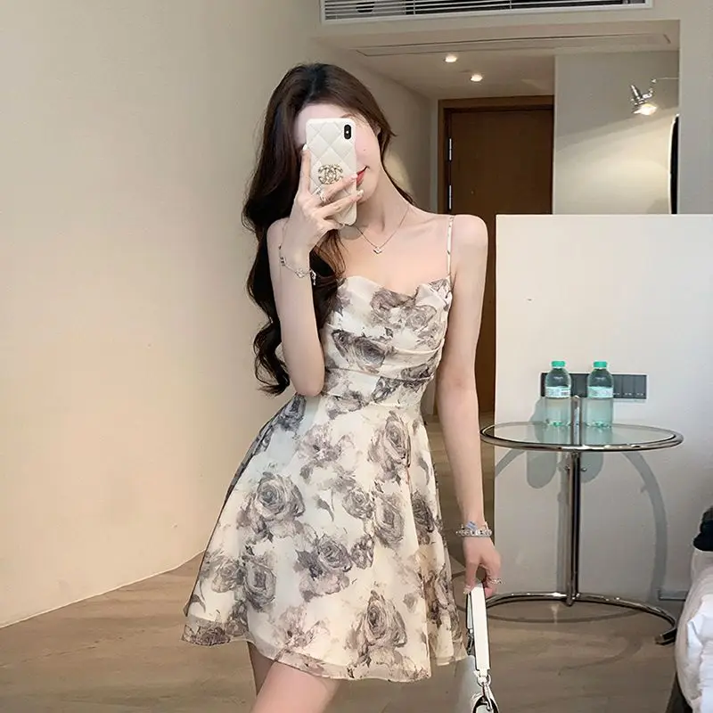Dresses Women Ink Printed Waist Hollow Out Backless French Temper Chic Sundress All-match Sweet Sexy Girls Streetwear Summer - Image 3