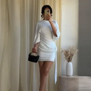 Elegant White Mini Dress Trend Batwing Sleeve Sequin Patchwork Ruched Waist Tie Bodycon Dresses Lady Party Evening Dress Outfit