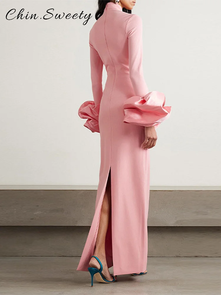 ESleeve Long Dress Women Pink High Collar Full Sleeve Slim Straight Dresses Female 2026 Spring Lady Chic Party Robes - Image 4